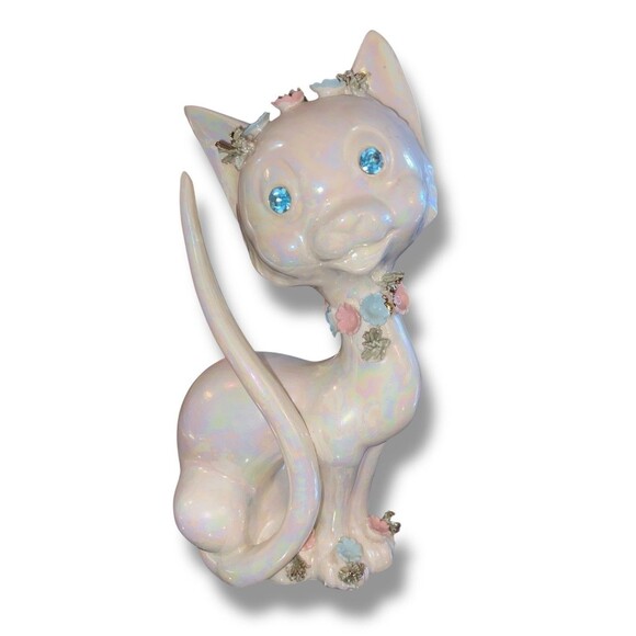 Vintage 1950's Lefton Iridescent Porcelain Kitty Cat With Blue Jem Eyes - Picture 1 of 4